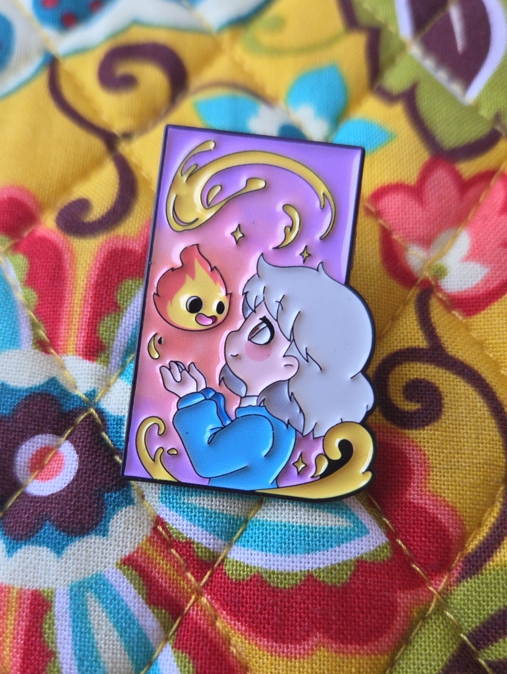 Whimsical Girl & Flame Enamel Pin – Pink, Blue & Gold Accent